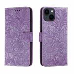 For iPhone 15 Plus Lace Flower Embossing Flip Leather Phone Case(Purple)