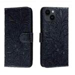 For iPhone 15 Plus Lace Flower Embossing Flip Leather Phone Case(Dark Blue)