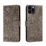 For iPhone 15 Pro Lace Flower Embossing Flip Leather Phone Case(Grey)