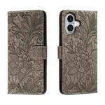 For iPhone 16 Lace Flower Embossing Flip Leather Phone Case(Grey)