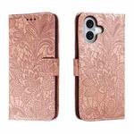 For iPhone 16 Lace Flower Embossing Flip Leather Phone Case(Rose Gold)