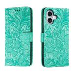 For iPhone 16 Lace Flower Embossing Flip Leather Phone Case(Green)
