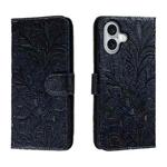 For iPhone 16 Lace Flower Embossing Flip Leather Phone Case(Dark Blue)