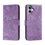 For iPhone 16 Plus Lace Flower Embossing Flip Leather Phone Case(Purple)