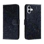 For iPhone 16 Plus Lace Flower Embossing Flip Leather Phone Case(Dark Blue)