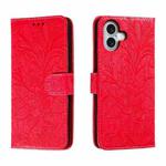 For iPhone 16 Plus Lace Flower Embossing Flip Leather Phone Case(Red)