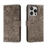 For iPhone 16 Pro Lace Flower Embossing Flip Leather Phone Case(Grey)