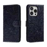 For iPhone 16 Pro Lace Flower Embossing Flip Leather Phone Case(Dark Blue)