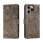 For iPhone 16 Pro Max Lace Flower Embossing Flip Leather Phone Case(Grey)