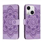 For iPhone 15 Plus Sun Mandala Embossing Leather Phone Case(Purple)