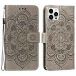 For iPhone 15 Pro Max Mandala Embossing Pattern Horizontal Flip Leather Phone Case(Gray)