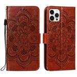 For iPhone 15 Pro Mandala Embossing Pattern Horizontal Flip Leather Phone Case(Brown)