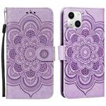 For iPhone 15 Plus Mandala Embossing Pattern Horizontal Flip Leather Phone Case(Purple)