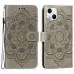 For iPhone 15 Plus Mandala Embossing Pattern Horizontal Flip Leather Phone Case(Gray)