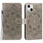 For iPhone 15 Mandala Embossing Pattern Horizontal Flip Leather Phone Case(Gray)