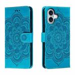For iPhone 16 Mandala Embossing Pattern Horizontal Flip Leather Phone Case(Blue)