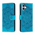 For iPhone 16 Plus Mandala Embossing Pattern Horizontal Flip Leather Phone Case(Blue)