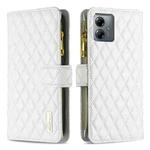 For Motorola Moto G14 4G Diamond Lattice Zipper Wallet Leather Flip Phone Case(White)