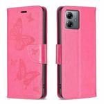 For Motorola Moto G14 4G Embossing Two Butterflies Pattern Leather Phone Case(Rose Red)