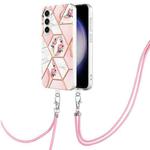 For Samsung Galaxy S23 FE 5G Electroplating Splicing Marble Flower IMD TPU Phone Case with Lanyard(Pink Flower)