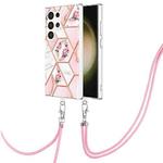 For Samsung Galaxy S24 Ultra 5G Electroplating Splicing Marble Flower IMD TPU Phone Case with Lanyard(Pink Flower)