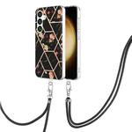 For Samsung Galaxy S24 5G Electroplating Splicing Marble Flower IMD TPU Phone Case with Lanyard(Black Flower)