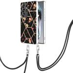 For Samsung Galaxy S25 Ultra 5G Electroplating Splicing Marble Flower IMD TPU Phone Case with Lanyard(Black Flower)