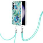 For Samsung Galaxy S23 FE 5G Electroplating IMD Splicing Dual-side Marble TPU Phone Case with Lanyard(Green)