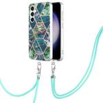 For Samsung Galaxy S23 FE 5G Electroplating IMD Splicing Dual-side Marble TPU Phone Case with Lanyard(Blue Green)