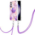 For Samsung Galaxy S23 FE 5G Electroplating IMD Splicing Dual-side Marble TPU Phone Case with Lanyard(Light Purple)
