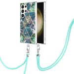 For Samsung Galaxy S24 Ultra 5G Electroplating IMD Splicing Dual-side Marble TPU Phone Case with Lanyard(Blue Green)