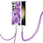 For Samsung Galaxy S24 Ultra 5G Electroplating IMD Splicing Dual-side Marble TPU Phone Case with Lanyard(Dark Purple)