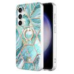 For Samsung Galaxy S23 FE 5G Splicing Marble Flower IMD TPU Phone Case Ring Holder(Blue)