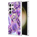 For Samsung Galaxy S24 Ultra 5G Splicing Marble Flower IMD TPU Phone Case Ring Holder(Dark Purple)