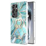 For Samsung Galaxy S25 Ultra 5G Splicing Marble Flower IMD TPU Phone Case Ring Holder(Blue)