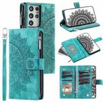 For Samsung Galaxy S21 Ultra 5G Multi-Card Totem Zipper Leather Phone Case(Green)