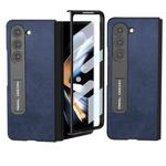 For Samsung Galaxy Z Fold5 ABEEL Integrated Two-color Calf Texture PU Phone Case with Holder(Blue)