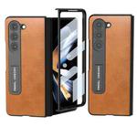 For Samsung Galaxy Z Fold5 ABEEL Integrated Two-color Calf Texture PU Phone Case with Holder(Brown)