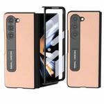 For Samsung Galaxy Z Fold5 ABEEL Integrated Genuine Leather + PC Litchi Texture Phone Case with Holder(Pink Gold)