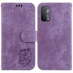 For OPPO A74 5G / A93 5G / A54 5G Little Tiger Embossed Leather Phone Case(Purple)