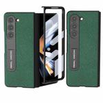 For Samsung Galaxy Z Fold5 ABEEL Integrated Cross Texture Genuine Leather Phone Case with Holder(Green)