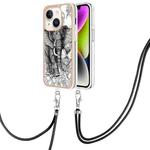 For iPhone 15 Electroplating Dual-side IMD Phone Case with Lanyard(Totem Elephant)