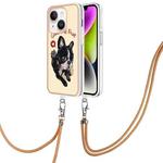 For iPhone 15 Plus Electroplating Dual-side IMD Phone Case with Lanyard(Lucky Dog)