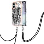 For iPhone 16 Plus Electroplating Dual-side IMD Phone Case with Lanyard(Totem Elephant)