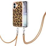 For iPhone 16 Electroplating Dual-side IMD Phone Case with Lanyard(Leopard Print)