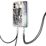 For iPhone 16 Electroplating Dual-side IMD Phone Case with Lanyard(Totem Elephant)