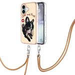 For iPhone 16 Electroplating Dual-side IMD Phone Case with Lanyard(Lucky Dog)