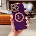 For iPhone 15 Pro Max Electroplate Side Roses Flower MagSafe Phone Case(Dark Purple)