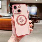 For iPhone 14 Plus Electroplate Side Roses Flower MagSafe Phone Case(Pink)