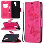 For Xiaomi Redmi 9 Two Butterflies Embossing Pattern Horizontal Flip Leather Case with Holder & Card Slot & Wallet & Lanyard(Rose Red)